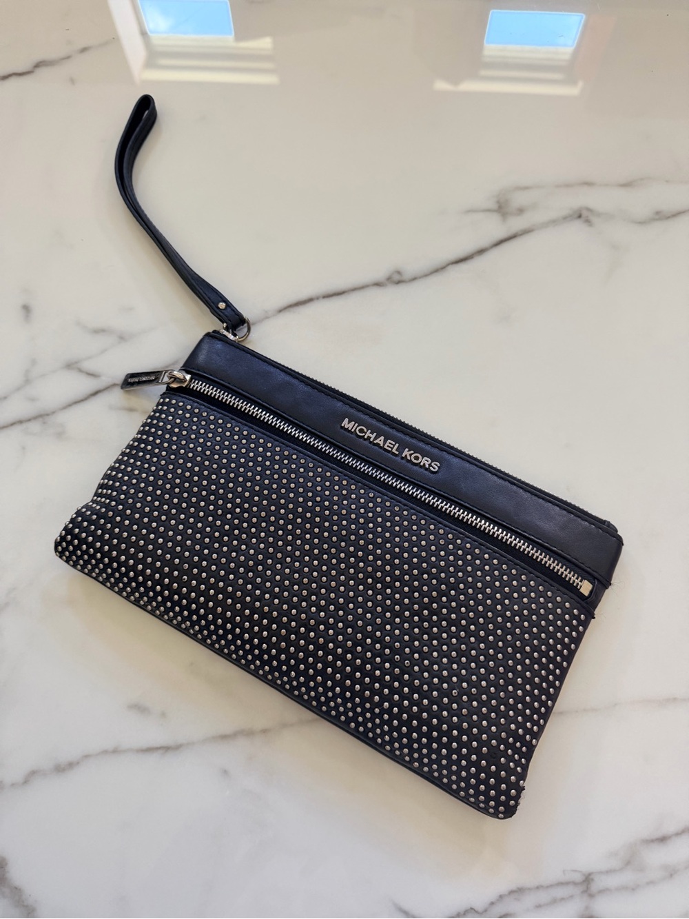 Michael Kors Black Studded Wristlet Clutch with Silver Accents